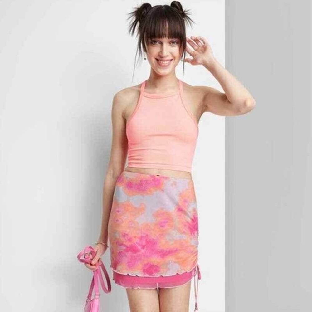NWT Wild Fable Women's Pink Tie Dye Ruched Side Mid Rise Mesh Mini Skirt Size M